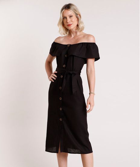 Vestido-Feminino-Midi-Ciganinha-em-Linho-com-Faixa-para-Amarrar-Manga-Curta-Preto-9694827-Preto_1