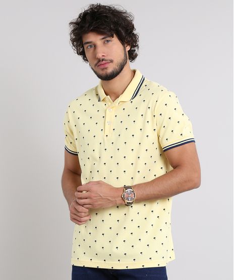 Polo-Masculina-Estampada-de-Coqueiros-em-Piquet-Manga-Curta-Amarela-9323169-Amarelo_1