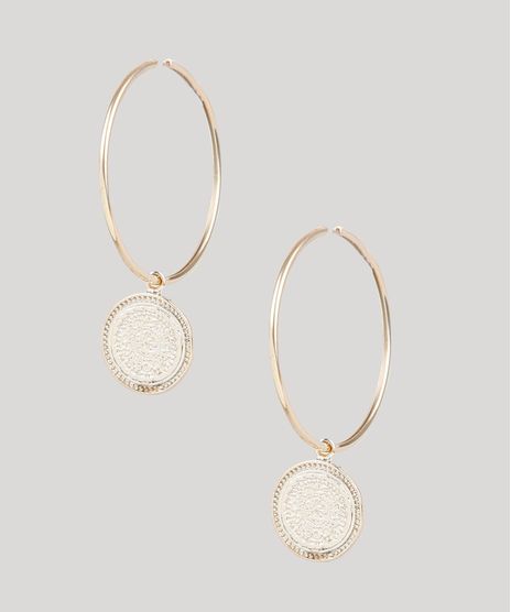 Brinco-Feminino-Folheado-de-Argola-com-Medalha-Dourado-9858998-Dourado_1
