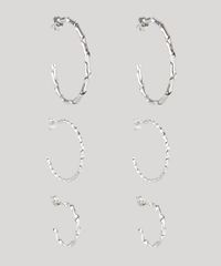 Kit-de-3-Brincos-Femininos-Folheados-de-Argola-Texturizados-Prateado-9859671-Prateado_1