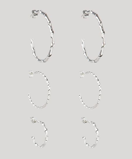Kit-de-3-Brincos-Femininos-Folheados-de-Argola-Texturizados-Prateado-9859671-Prateado_1