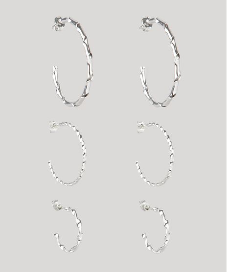 Kit-de-3-Brincos-Femininos-Folheados-de-Argola-Texturizados-Prateado-9859671-Prateado_1