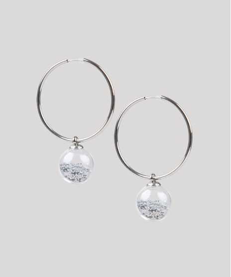 Brinco-Feminino-de-Argola-Carnaval-Esfera-com-Glitter-Prateado-9761520-Prateado_1