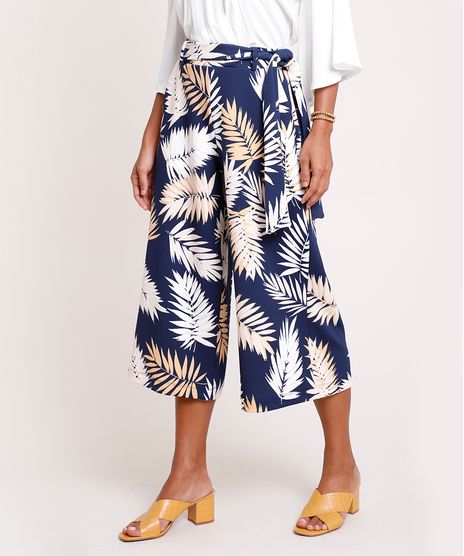 Calca-Feminina-Pantacourt-Estampada-de-Folhagem-com-Faixa-para-Amarrar-Azul-Marinho-9569392-Azul_Marinho_1