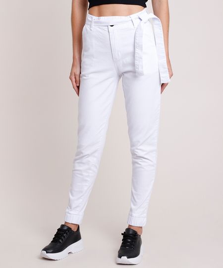 Calca-de-Sarja-Feminina-Jogger-Cintura-Alta-com-Faixa-para-Amarrar-Branca-9914194-Branco_1
