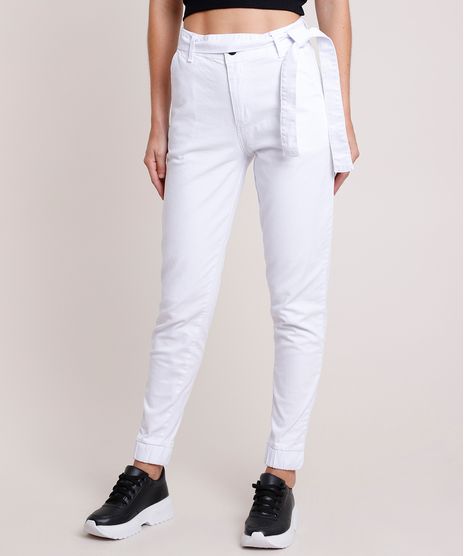 Calca-de-Sarja-Feminina-Jogger-Cintura-Alta-com-Faixa-para-Amarrar-Branca-9914194-Branco_1