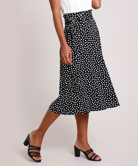 Saia-Feminina-Midi-Estampada-de-Poa-com-Amarracao--Preta-9848944-Preto_1