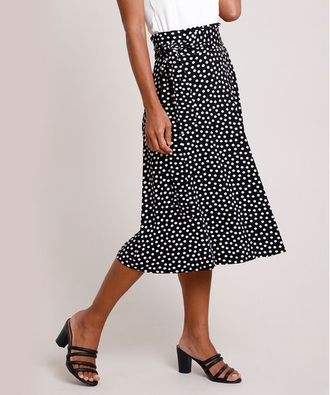 Saia-Feminina-Midi-Estampada-de-Poa-com-Amarracao--Preta-9848944-Preto_1