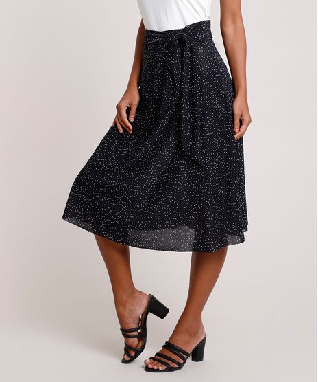 Saia-Feminina-Midi-Estampada-de-Poa-com-Amarracao--Preta-9857295-Preto_1