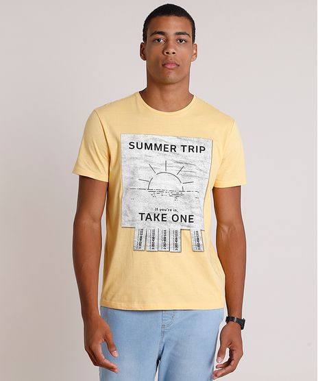 Camiseta-Masculina--Summer-Trip--Manga-Curta-Gola-Careca-Amarela-9725591-Amarelo_1