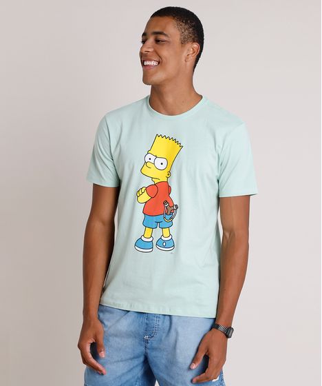 Camiseta Oxer Básica Mescla Raglan Masculina Camiseta Masculina Carnaval Bart Simpson Manga Curta Gola Careca Verde Claro Cea