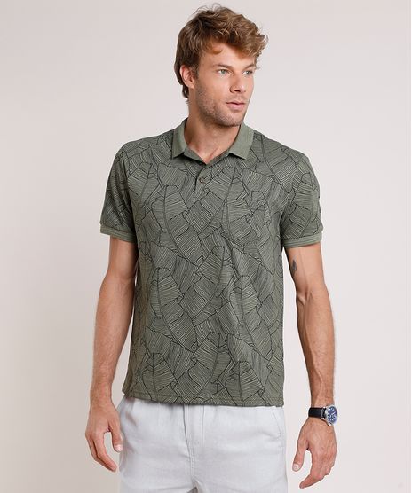 Polo-Masculina-Comfort-Fit-Estampada-de-Folhagem-com-Bolso-Manga-Curta-Verde-9739144-Verde_1
