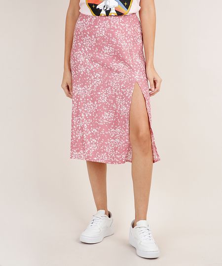Saia-Feminina-Midi-Estampada-Floral-com-Fenda-Rosa-Escuro-9856522-Rosa_Escuro_1