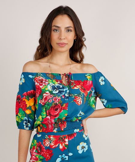 Blusa-Feminina-Cropped-Ombro-a-Ombro-Estampada-Floral-com-Papagaios-Manga-Curta-Azul-Petroleo-9819258-Azul_Petroleo_1