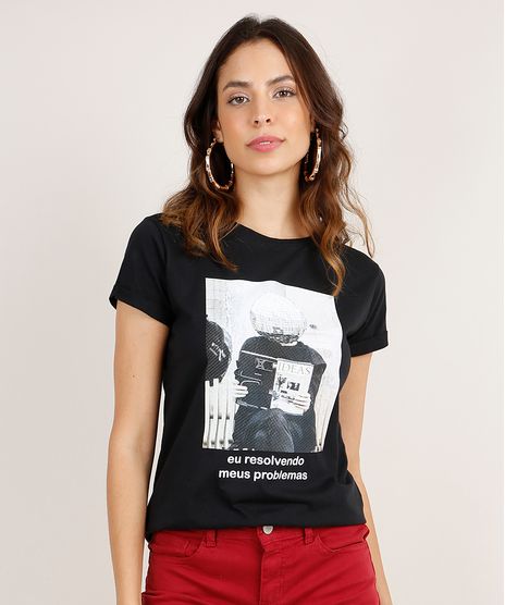 Blusa-Feminina--Eu-Resolvendo-Meus-Problemas--Manga-Curta-Decote-Redondo-Preta-9865470-Preto_1
