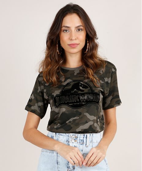 Blusa-Feminina-Jurassic-World-Estampada-Camuflada-Manga-Curta-Decote-Redondo-Verde-Militar-9859524-Verde_Militar_1