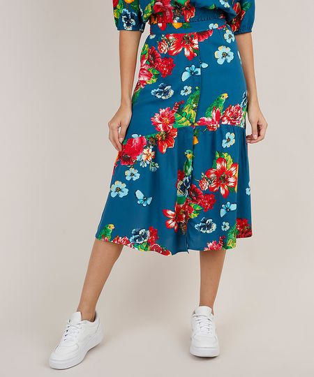 Saia-Feminina-Midi-Estampada-Floral-com-Papagaio-e-Fenda-Azul-Petroleo-9819268-Azul_Petroleo_1