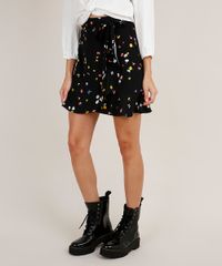 Saia-Feminina-Curta-Transpassada-Estampada-Floral-com-Babado-e-Faixa-para-Amarrar-Preta-9803964-Preto_1