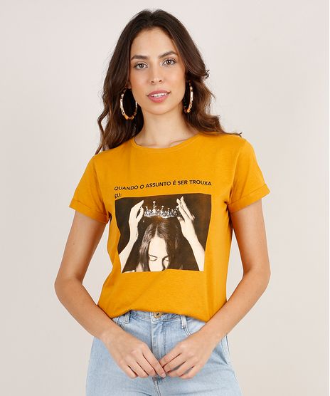 Blusa-Feminina--Quando-o-Assunto-----Manga-Curta-Decote-Redondo-Mostarda-9865468-Mostarda_1
