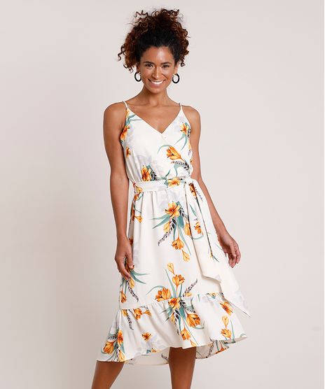 Vestido-Feminino-Midi-Estampado-Floral-com-Transpasse-e-Faixa-para-Amarrar-Alca-Fina-Bege-Claro-9703685-Bege_Claro_1