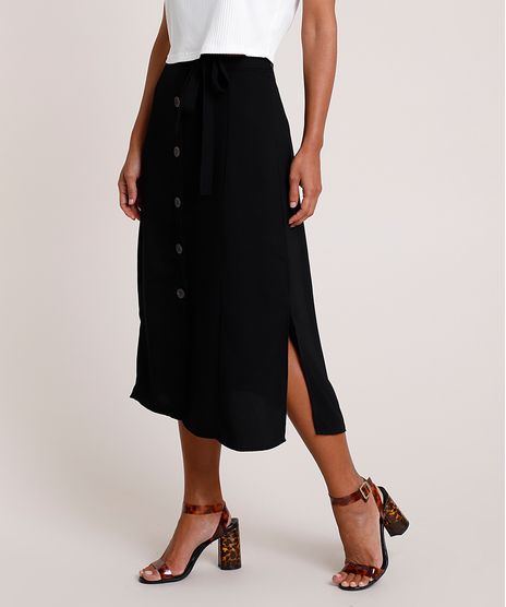 Saia-Feminina-Midi-com-Botoes-e-Faixa-para-Amarrar-Preta-9684571-Preto_1