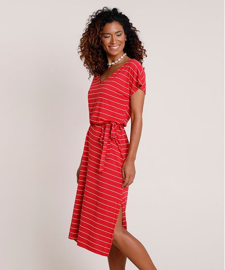 Vestido-Feminino-Midi-Listrado-com-Fendas-e-Faixa-para-Amarrar-Manga-Curta-Vermelho-9842227-Vermelho_1