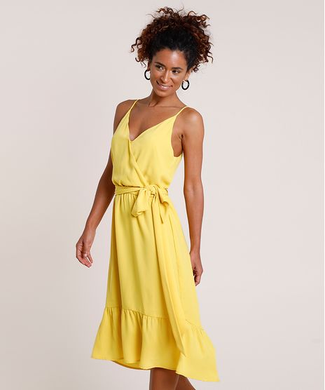Vestido-Feminino-Midi-com-Transpasse-e-Faixa-para-Amarrar-Alca-Fina-Amarelo-9703686-Amarelo_1