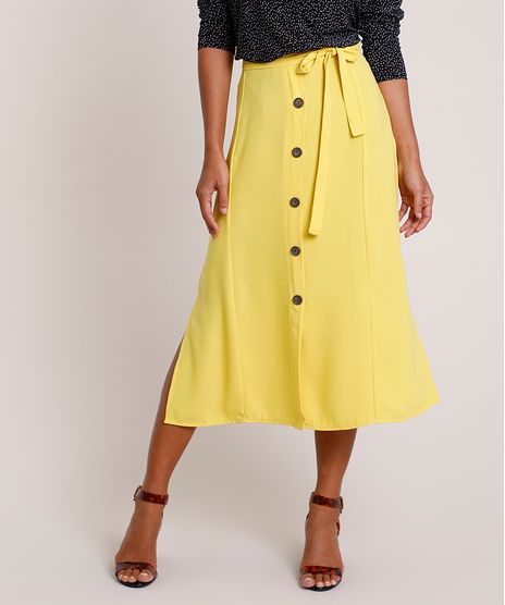 Saia-Feminina-Midi-com-Botoes-e-Faixa-para-Amarrar-Amarela-9684571-Amarelo_1