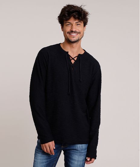 Bata-Masculina-em-Moletom-Flame-com-Amarracao-Manga-Longa-Gola-V-Preta-9847566-Preto_1