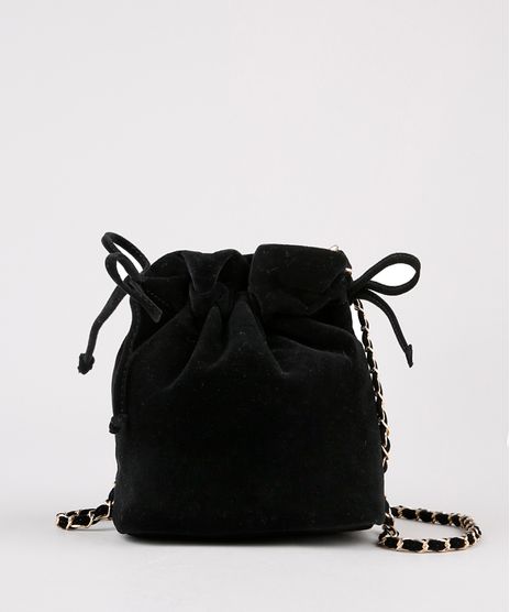 Bolsa-Feminina-Bucket-Transversal-Pequena-em-Veludo-com-Corrente-Preto-9484067-Preto_1