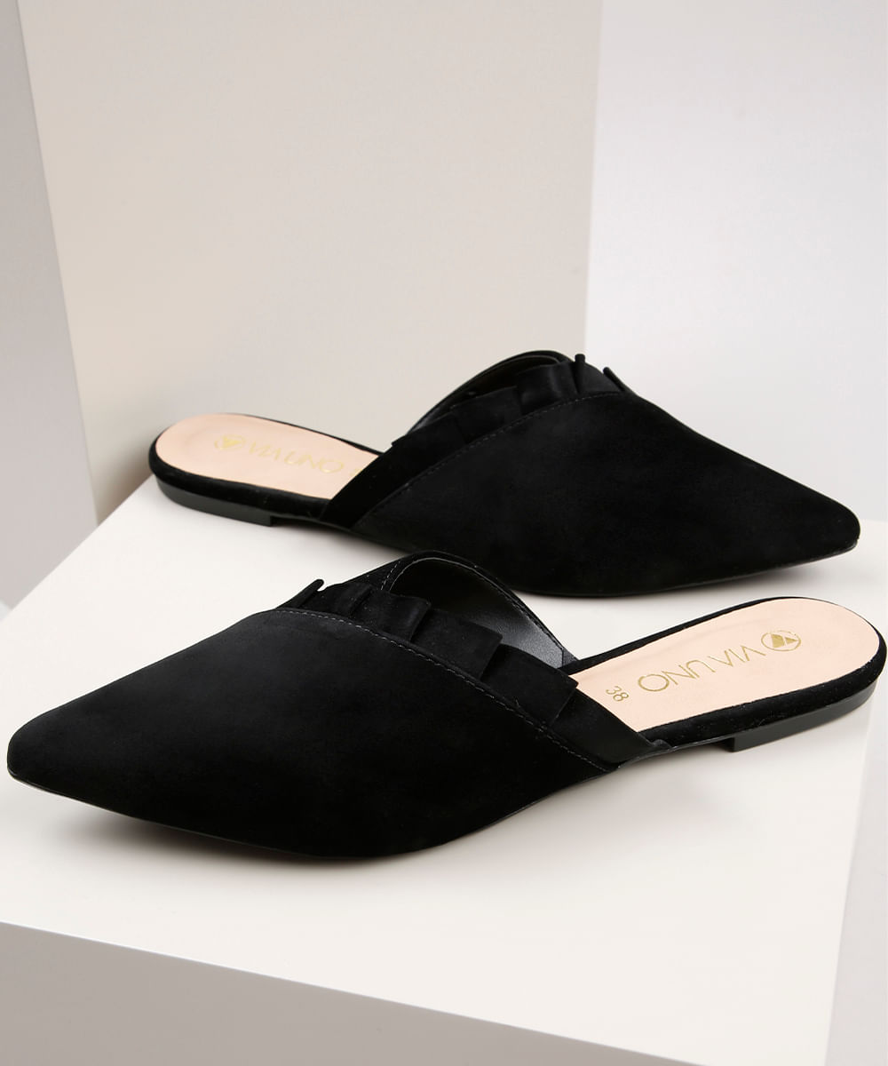 Mule Feminino Via Uno Bico Fino com Babado Preto