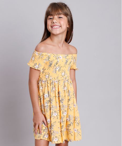 Vestido-Infantil-Estampado-Floral-com-Lastex-Manga-Curta-Mostarda-9676018-Mostarda_1