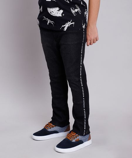 Calca-Jeans-Infantil-em-Moletom-com-Faixa-Lateral--Never-Give-Up--Preta-9846210-Preto_1