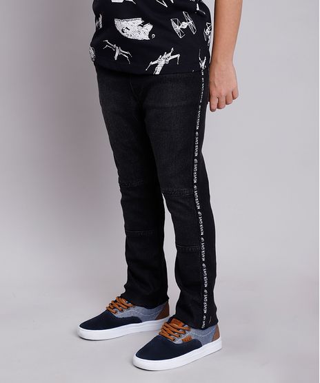 Calca-Jeans-Infantil-em-Moletom-com-Faixa-Lateral--Never-Give-Up--Preta-9846210-Preto_1