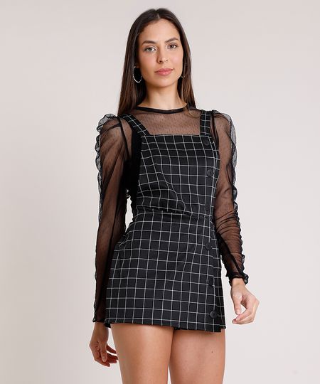 Salopete-Short-Saia-Feminina-Estampada-Xadrez-com-Botoes-e-Sobreposicao-Alca-Media-Preta-9895508-Preto_1