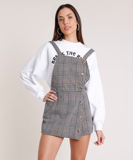 Salopete-Short-Saia-Feminina-Estampada-Xadrez-com-Botoes-e-Sobreposicao-Alca-Media-Bege-9895508-Bege_1