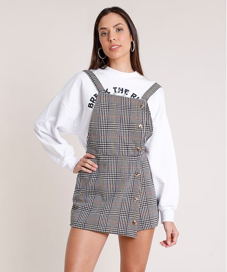 Salopete-Short-Saia-Feminina-Estampada-Xadrez-com-Botoes-e-Sobreposicao-Alca-Media-Bege-9895508-Bege_1