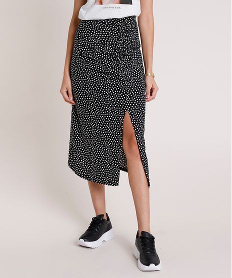 Saia-Feminina-Midi-Estampada-de-Poa-com-Fenda--Preta-9882759-Preto_1