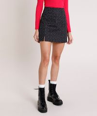 Saia-Feminina-Curta-Estampada-de-Poa-com-Fenda-Preto-9857655-Preto_1