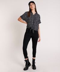 Camisa-Feminina-Estampada-Xadrez-com-Bolso-e-No-Manga-Curta--Preto-9807198-Preto_3