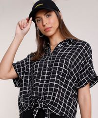 Camisa-Feminina-Estampada-Xadrez-com-Bolso-e-No-Manga-Curta--Preto-9807198-Preto_4