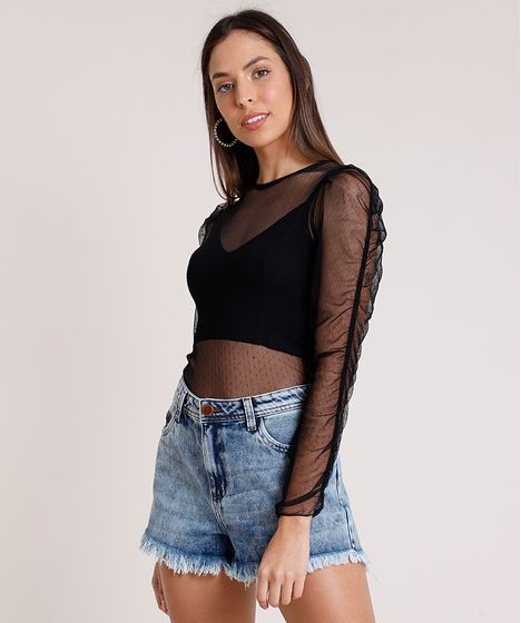 Blusa Feminina Em Tule Manga Bufante Longa Decote Redondo Preta Cea