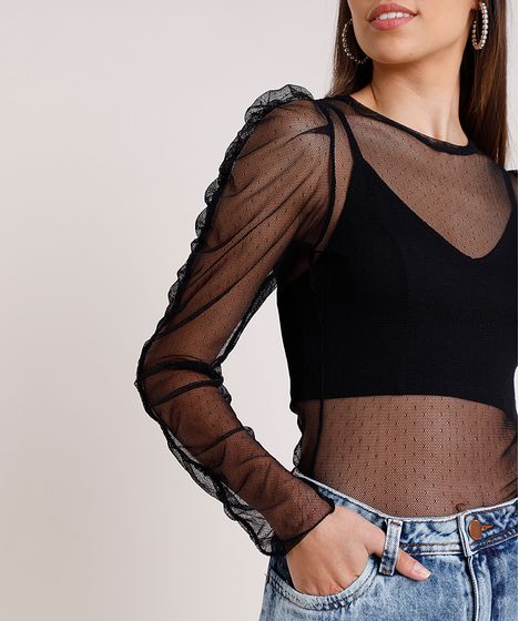 Blusa Feminina Em Tule Manga Bufante Longa Decote Redondo Preta Cea
