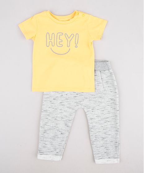 Conjunto-Infantil--Hey---de-Camiseta-Manga-Curta-Amarela---Calca-em-Moletom-Cinza-Mescla-9858169-Cinza_Mescla_1
