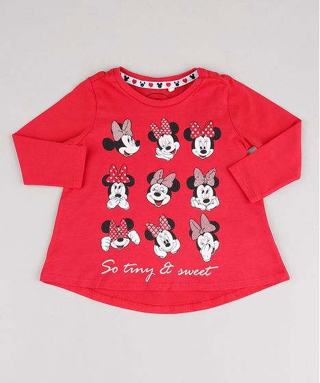 Blusa Infantil Minnie Com Glitter Manga Longa Vermelha Cea
