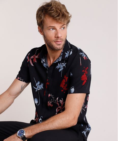 Camisa-Masculina-Relaxed-Estampada-de-Folhagem-Manga-Curta-Preto-9657162-Preto_1