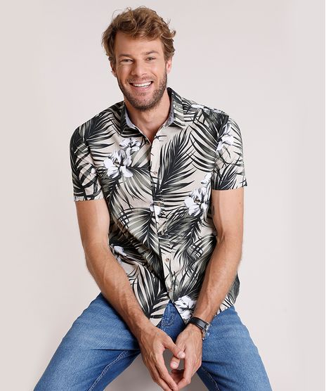 Camisa-Masculina-Tradicional-Estampada-de-Folhagem-Manga-Curta-Bege-9645917-Bege_1