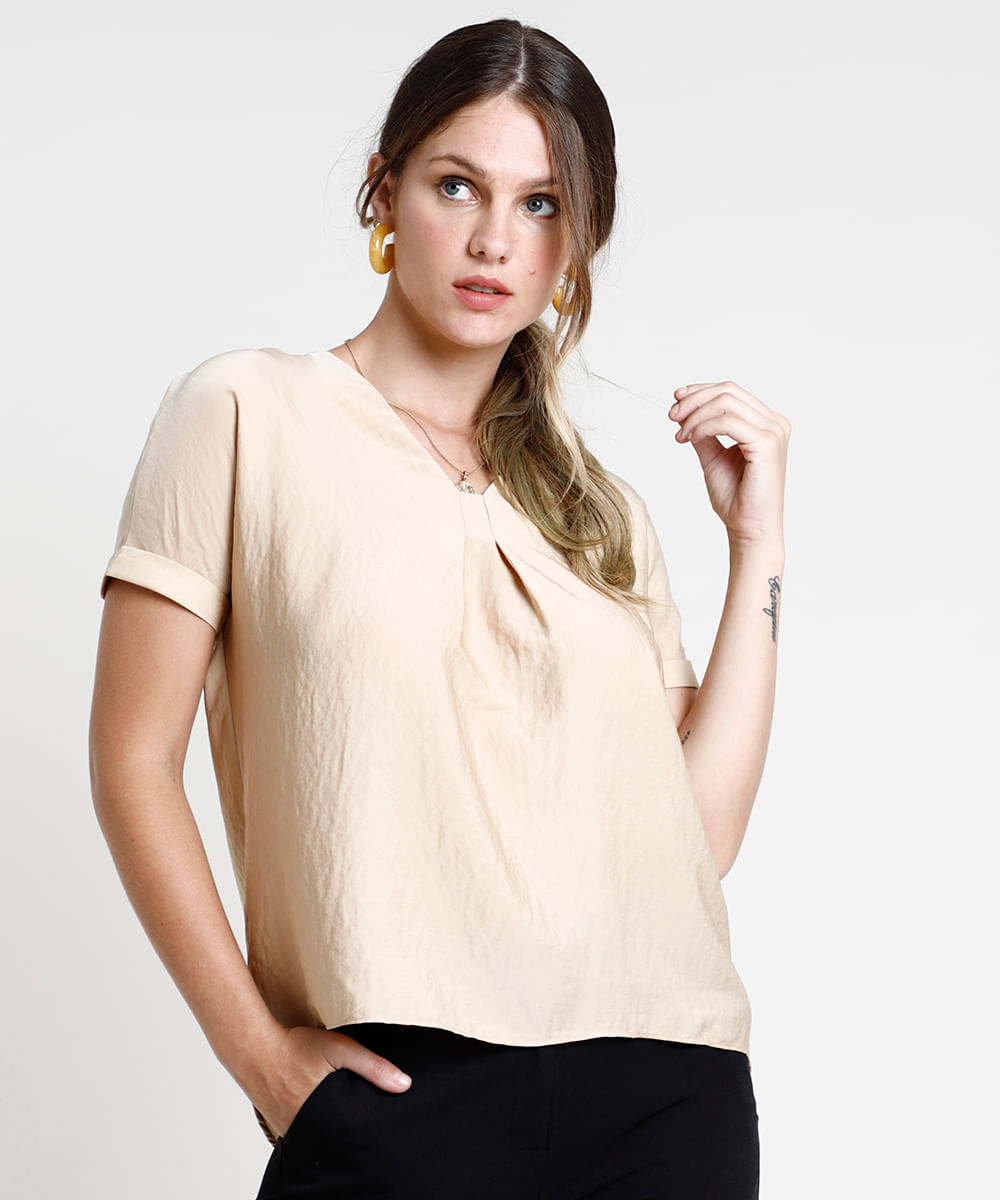 Blusa Feminina Ampla Manga Curta Decote V Bege