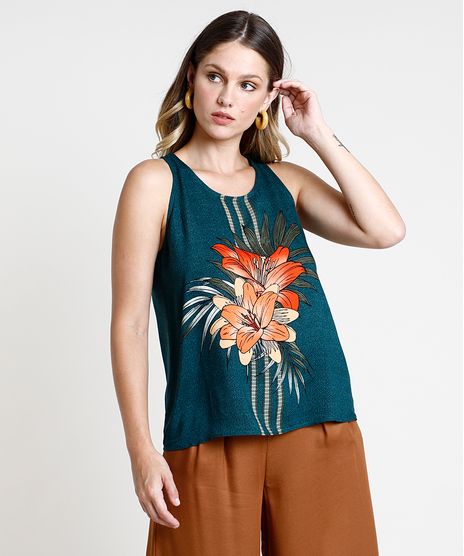 Regata-Feminina-Ampla-Flores-Decote-Redondo-Verde-Escuro-9807318-Verde_Escuro_1