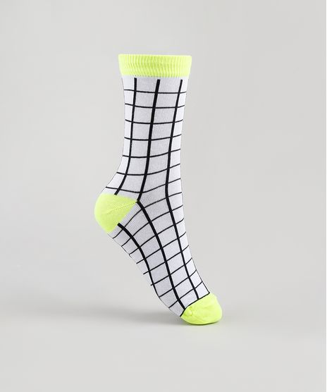 Meia-Feminina-Cano-Alto-Estampada-Quadriculada-Neon-Branca-9885614-Branco_1